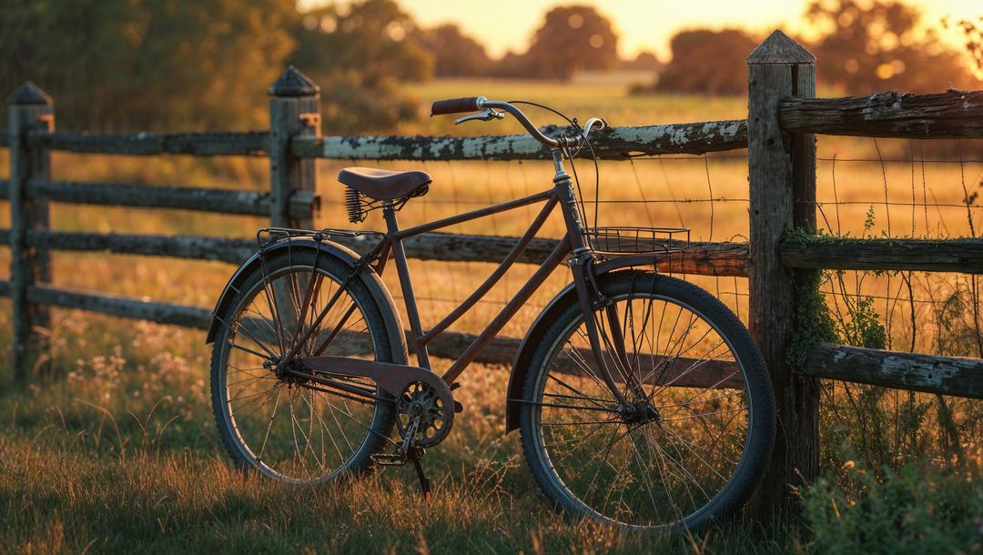 Vintage Bicycle Placed Against Rustic Fence in Sunset Meadow