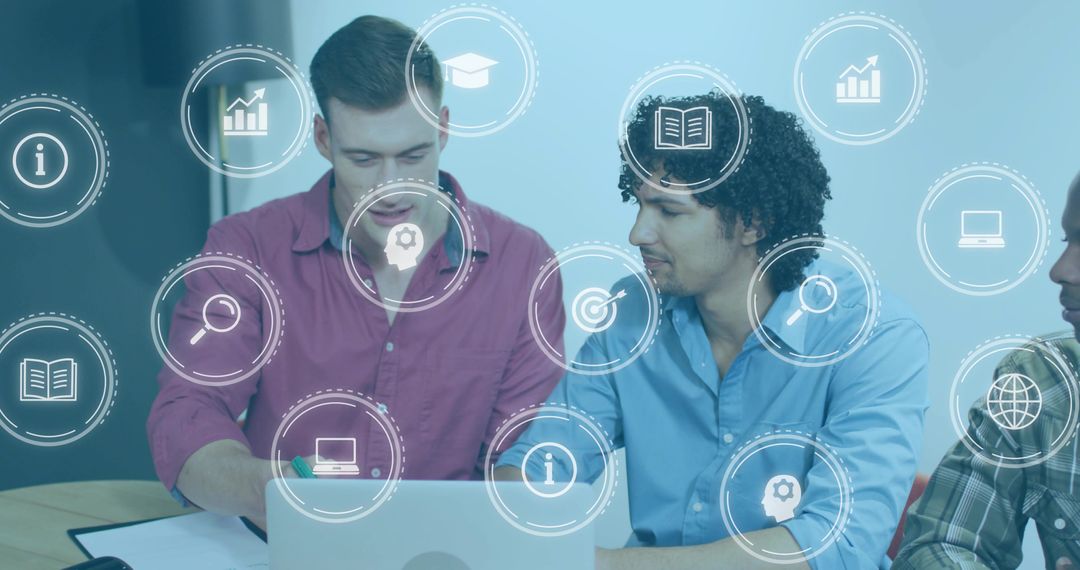 Three teammates collaborating on laptop with floating UI icons for analytics and training