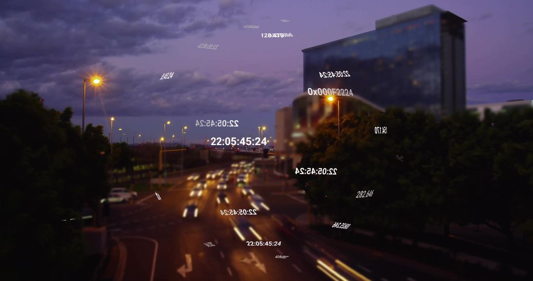 Digital Network and Data Processing Visualization Over City Lights