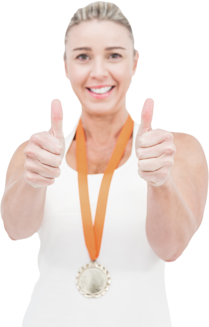 Female Athlete with Winner Medal Showing Transparent Thumbs Up - Download Free Stock Images Pikwizard.com