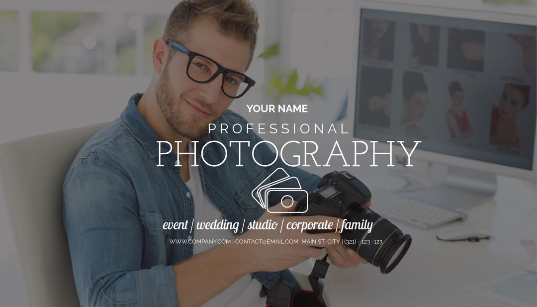 Smiling Photographer Holding Camera Promoting Professional Services