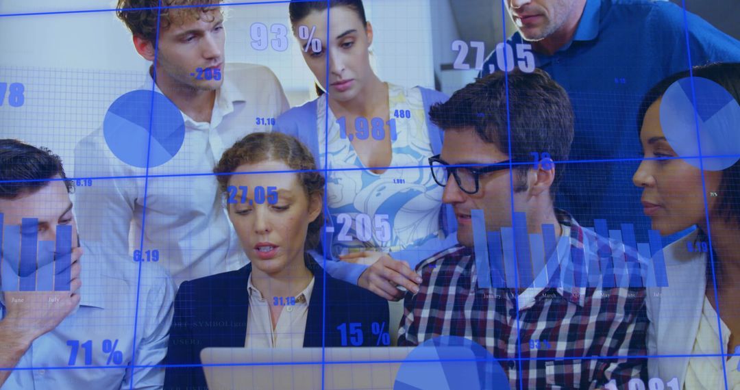 Diverse Team Brainstorming Business Strategy with Data Visualizations