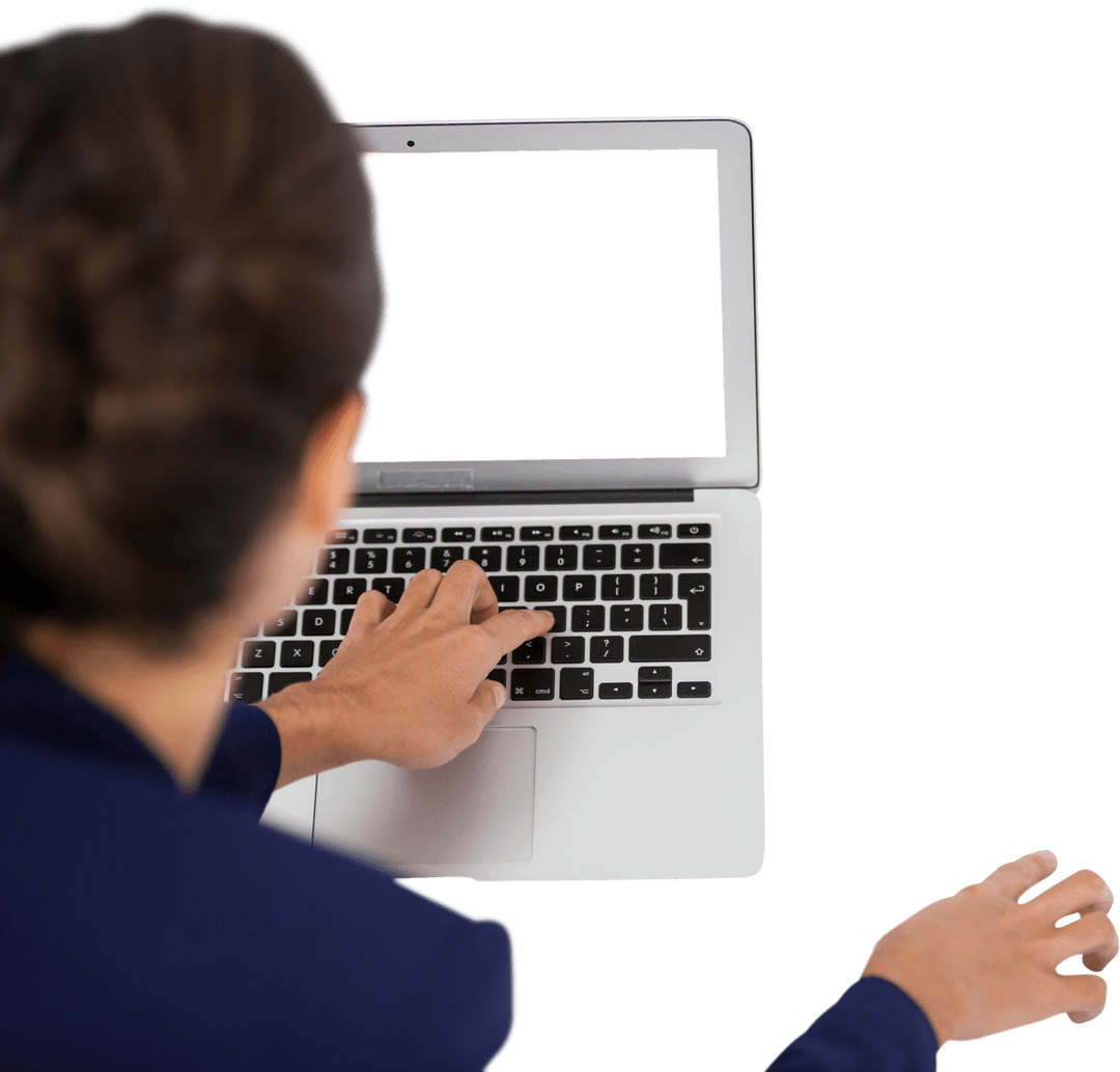 Woman Typing on Transparent Laptop Screen High Angle View