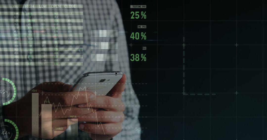 Businessman Using Smartphone Analyzing Financial Data Visualizations