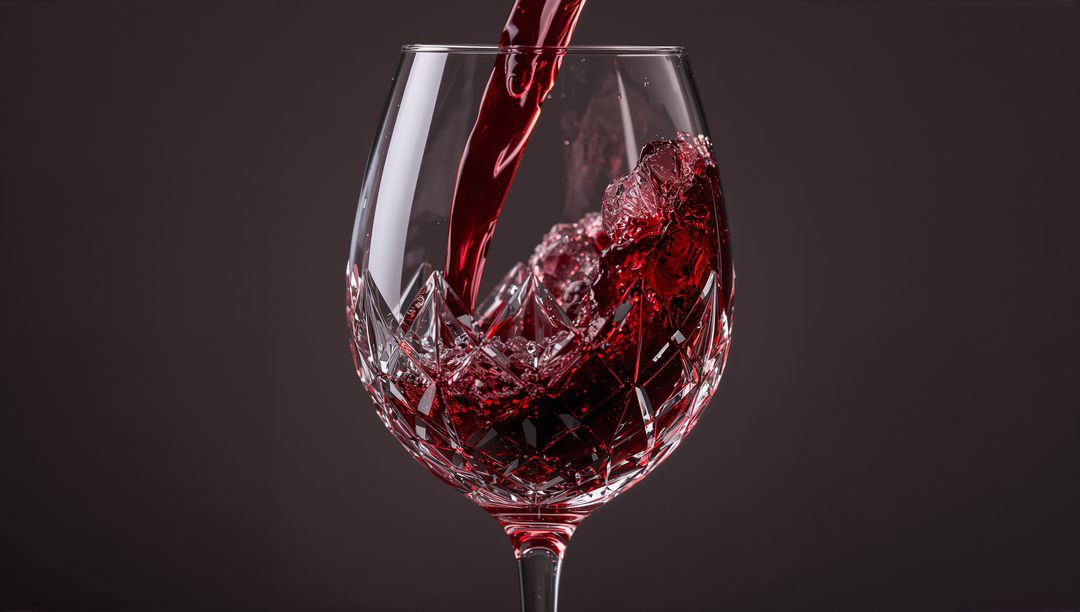 Red Wine Pouring into Crystal Glass with Geometric Patterns