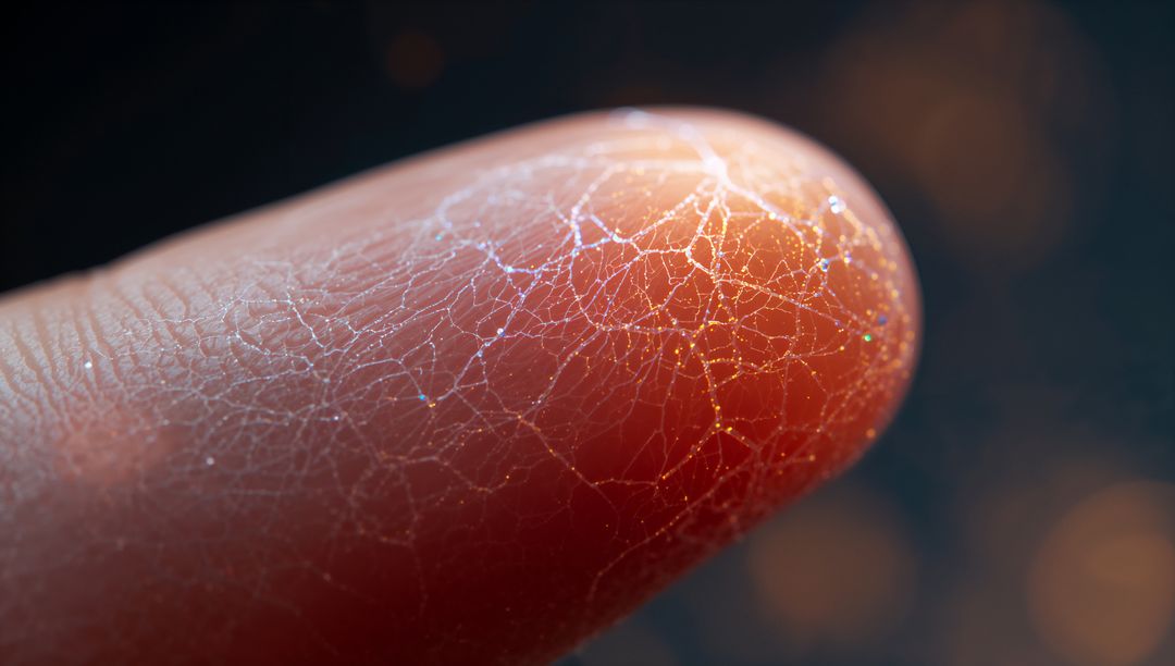 Macro fingertip revealing glittering filament network across skin with sparkling particles