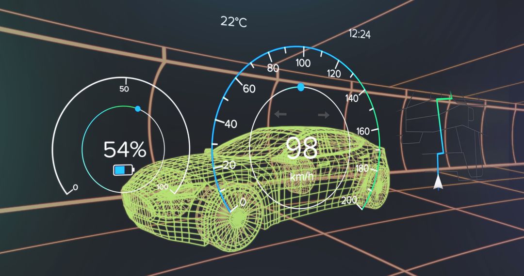 Futuristic Vehicle Interface with 3D Car Model and Digital Displays