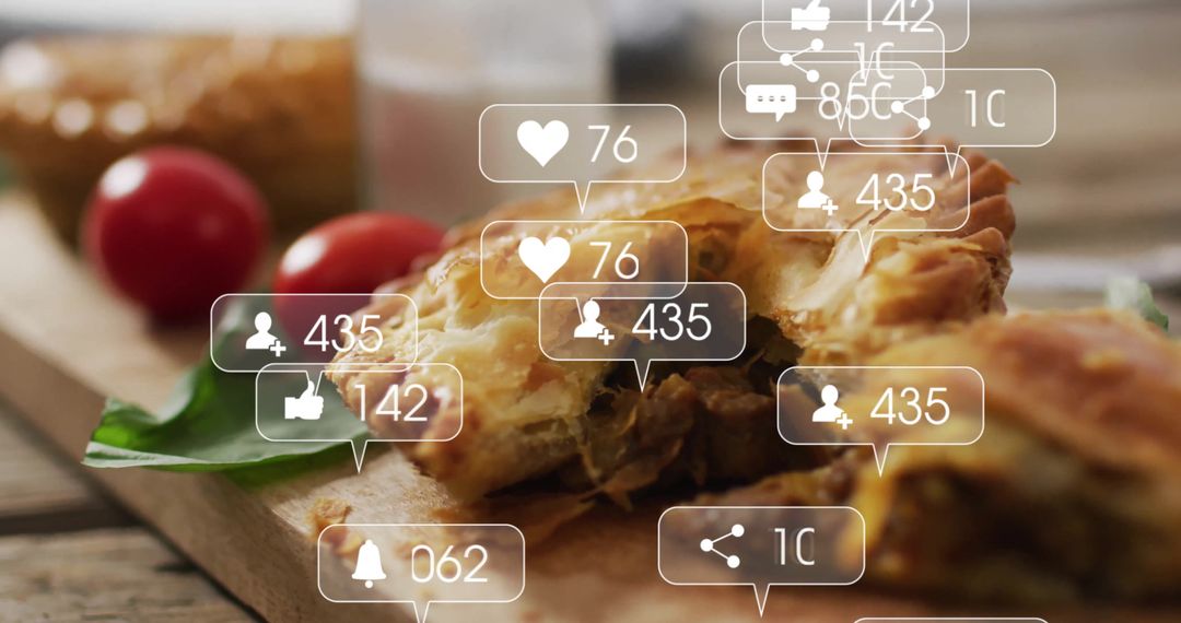 Savory Pie Slice with Gourmet Likes and Comments Overlay