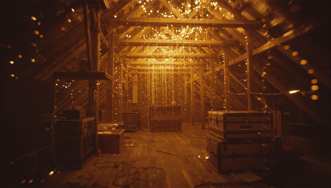 Enchanting Rustic Attic with Glowing Fairy Lights