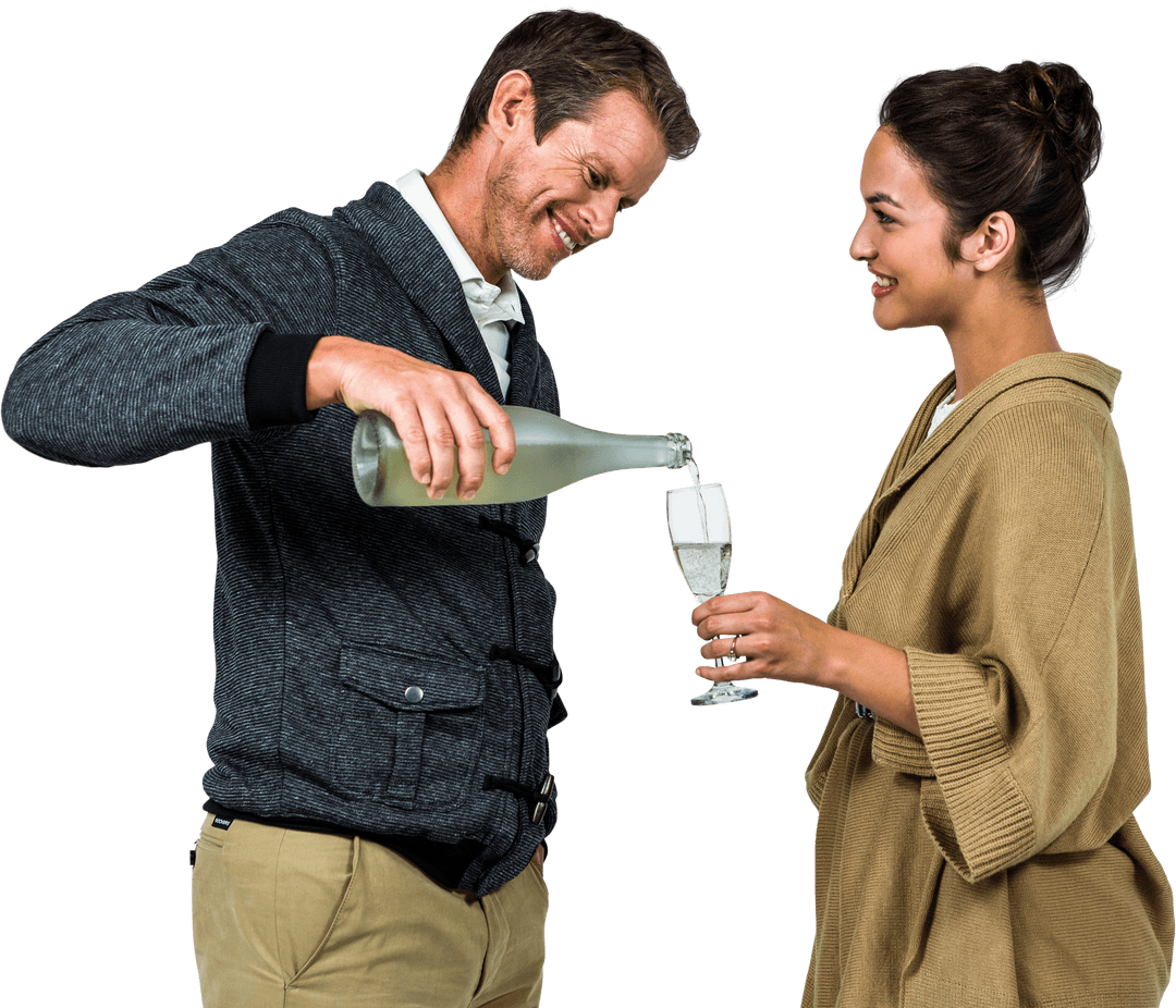 Couple Enjoying Celebration with Sparkling Wine in Transparent Setting