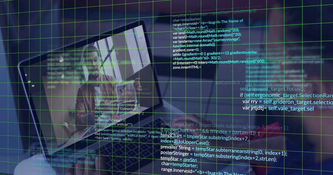 Developer Conducting Video Meeting with Code Overlay on Screen