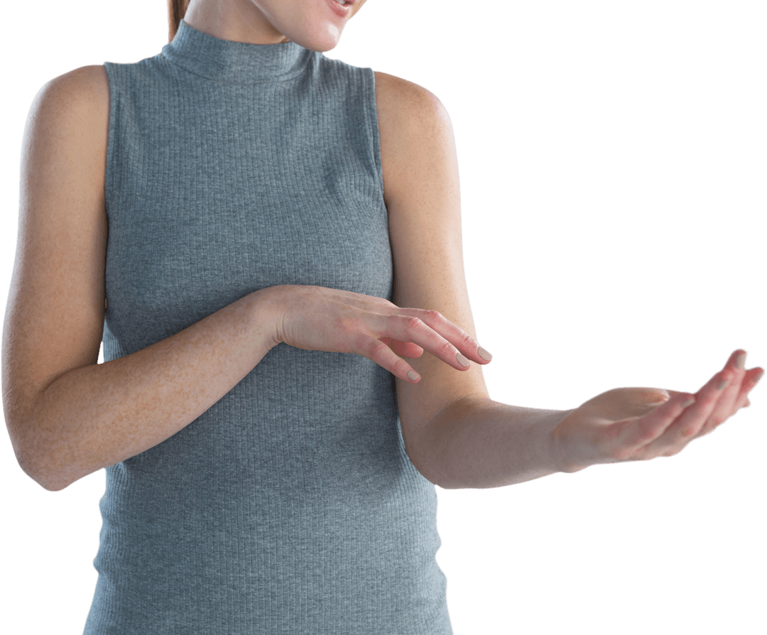 Transparent Woman Demonstrating Marketing Gesture Arm Emphasis