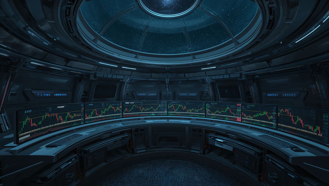 Futuristic Workspace on a Spacecraft with Trading Consoles