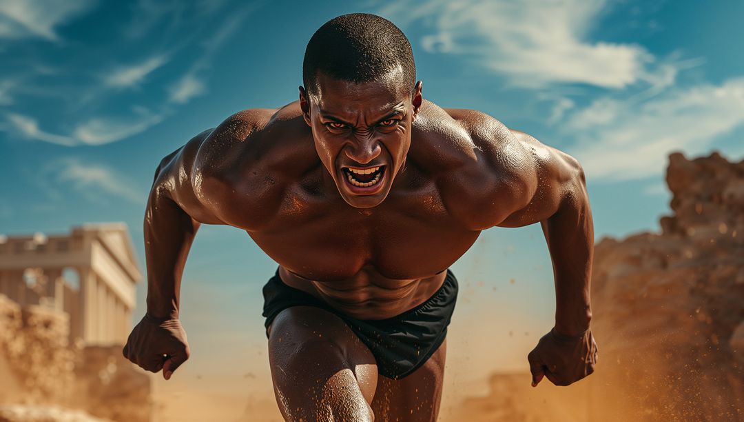 Explosive sprinting athlete charging through ancient column ruins, kicking dust and sand
