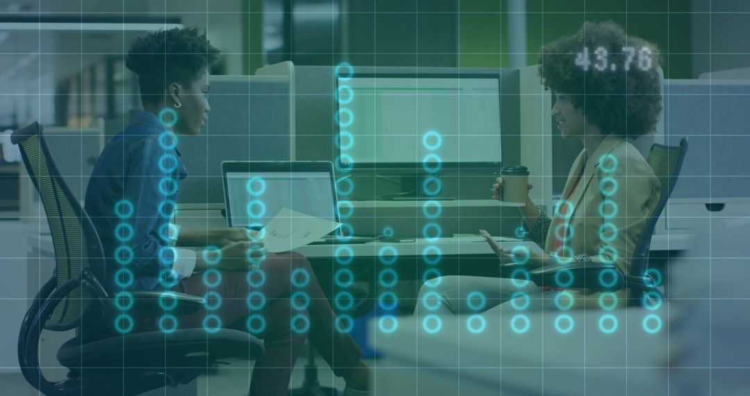 Diverse Colleagues Discussing with Digital Overlay in Modern Office