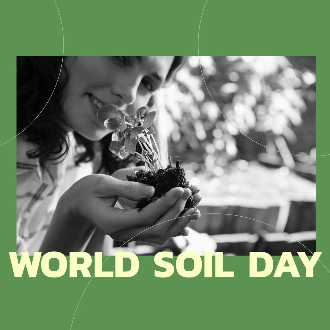 Square image of world soil day and caucasian woman holding plant in black and white - Download Free Stock Templates Pikwizard.com