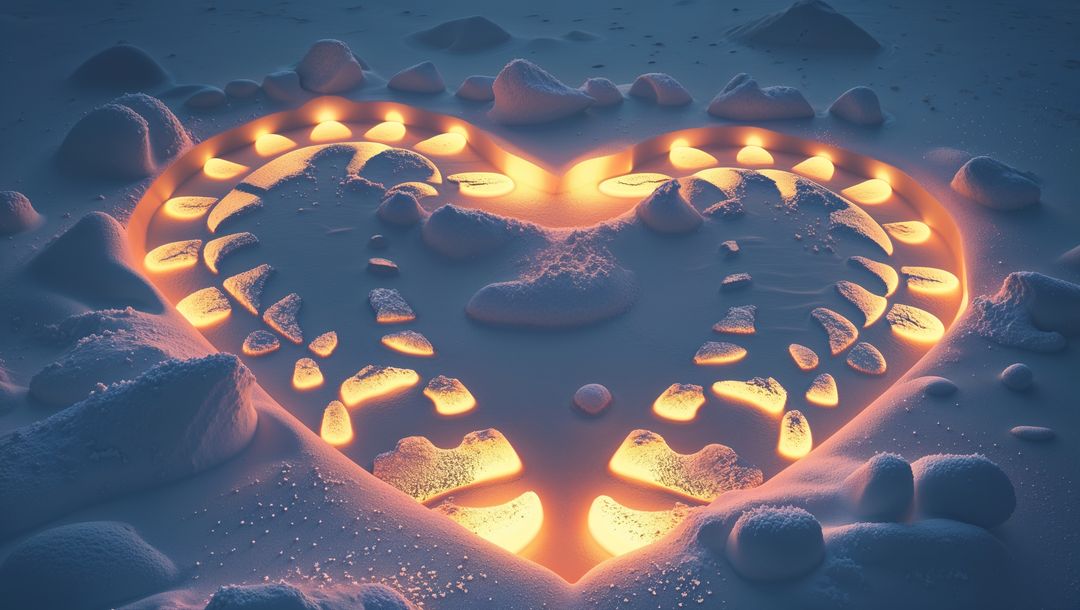 Glowing lovers heart shape in snow with ambient lighting