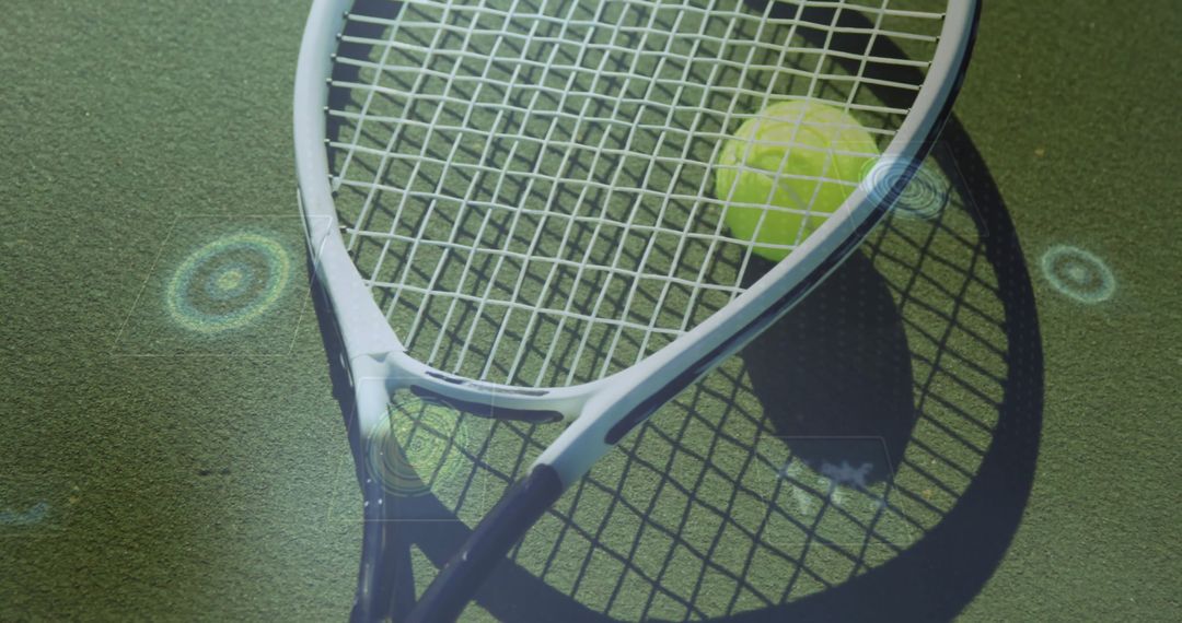 Tennis Racket and Ball on Court with Futuristic Digital Overlays