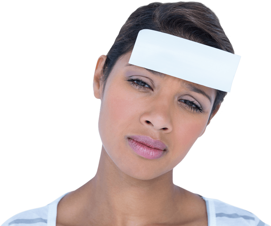 Woman Looking Pensive with Transparent Blank Note on Forehead