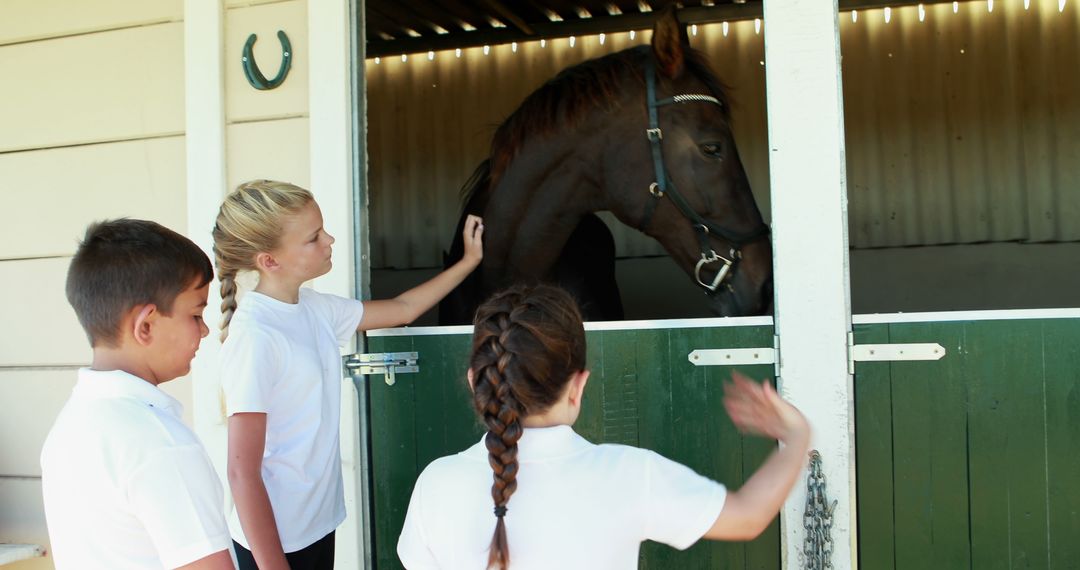 Children Interacting with Horse in Stable - Free Images, Stock Photos and Pictures on Pikwizard.com