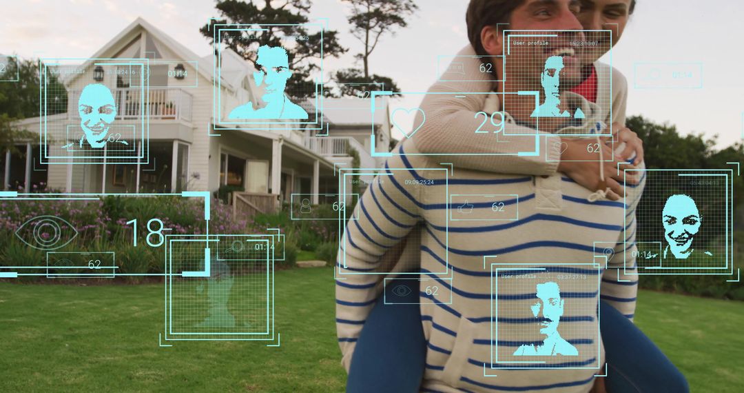Happy Couple with Facial Recognition Overlay Embracing Technology