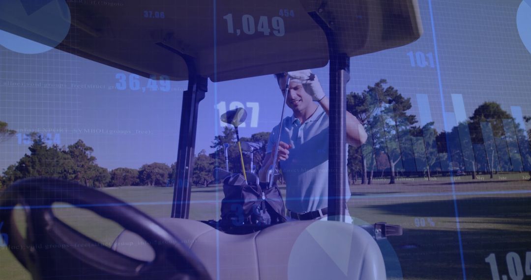 Golfer Preparing on Sunny Fairway with Golf Cart