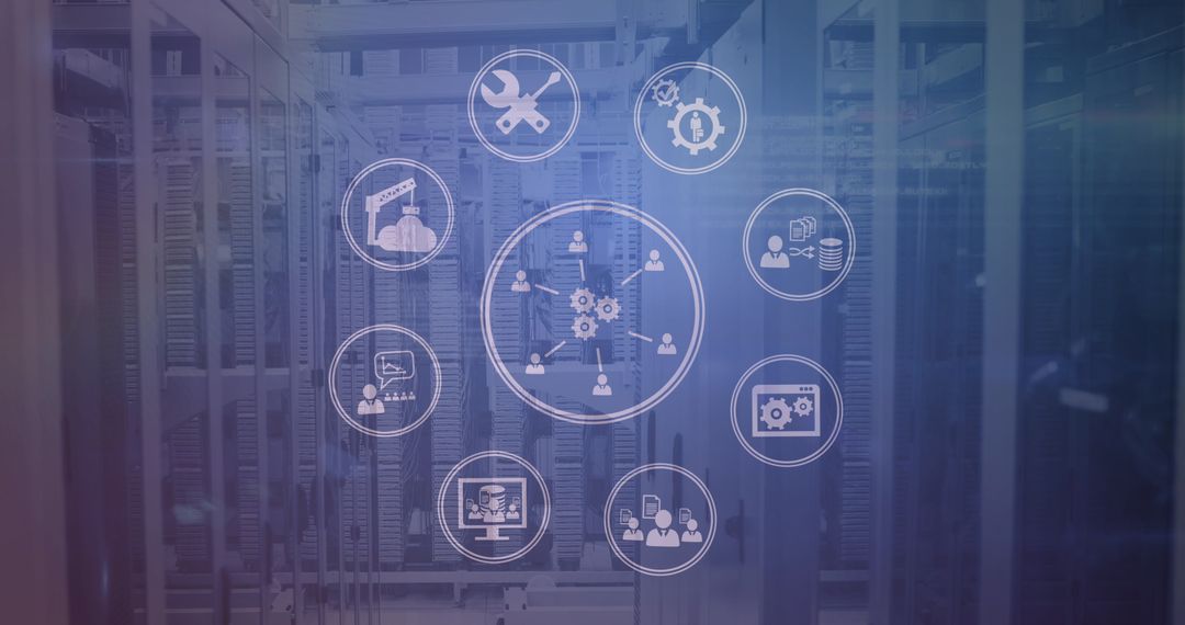 Digital Interface with Technology Icons in Server Room