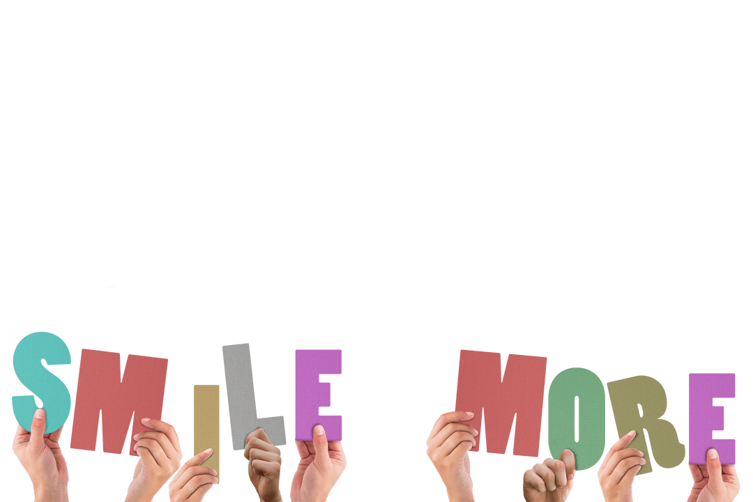 Hands Holding Colorful Letters Forming Transparent Phrase 'Smile More'