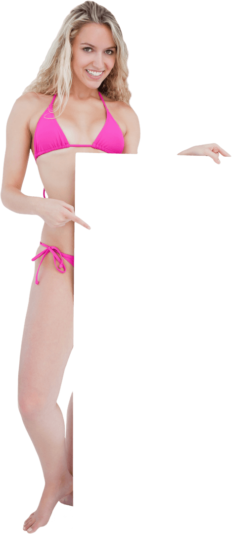 Blonde Woman in Pink Bikini Showing Blank Transparent Card