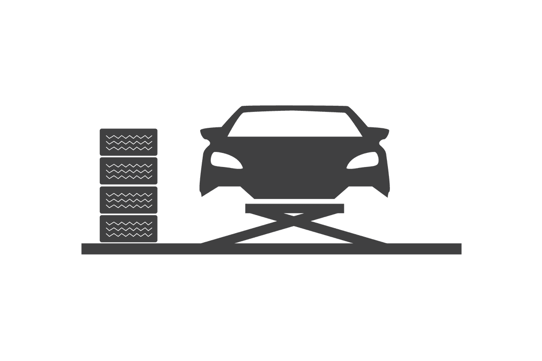 Transparent Car Lift Design with Tires and Mechanics Symbols