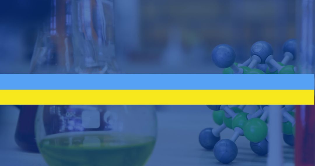 Blue Liquid in Lab Beaker with Molecular Model in Background