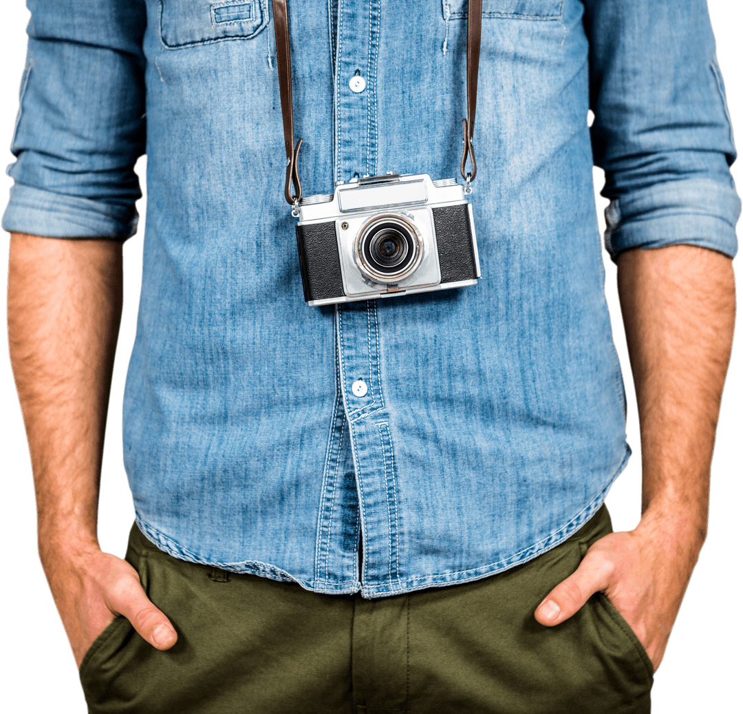 Close-Up of Hipster Man Wearing Denim Shirt with Transparent Camera - Download Free Stock Images Pikwizard.com