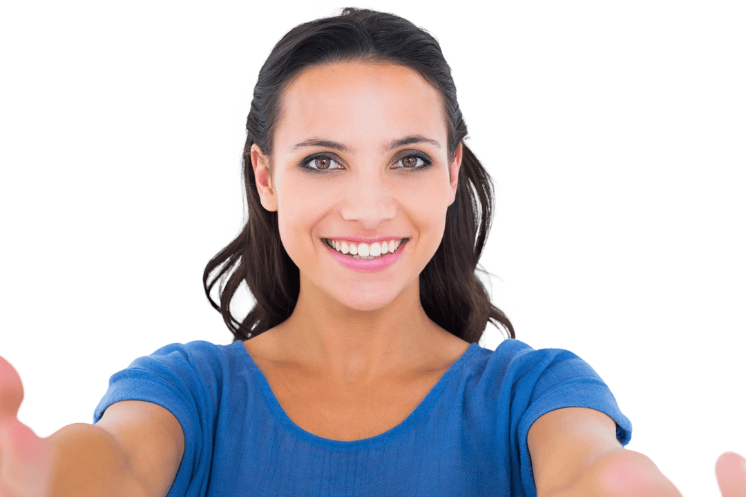 Smiling Brunette Woman Reaching Out Transparent Background