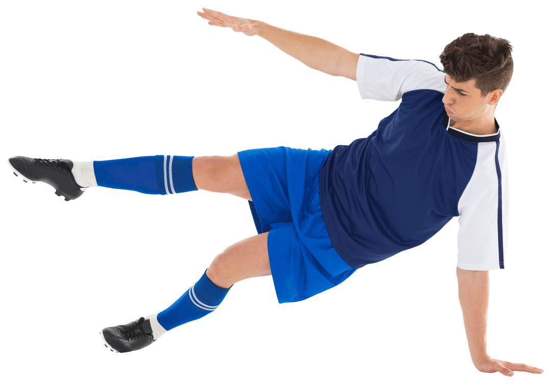 Caucasian Footballer Executing Skillful Kick on Transparent Background