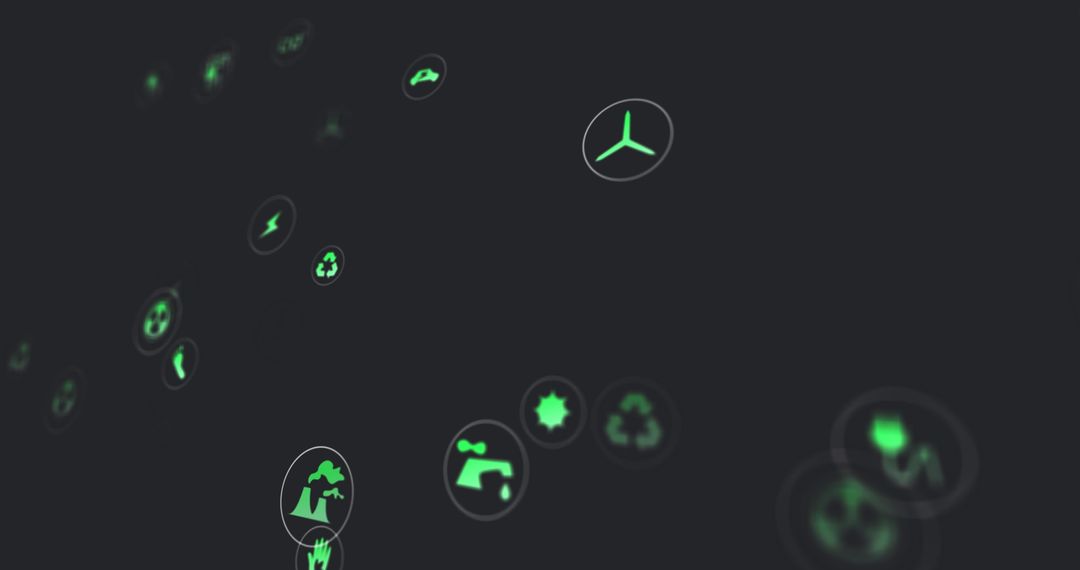Floating Green Environmental Icons in Futuristic Digital Space