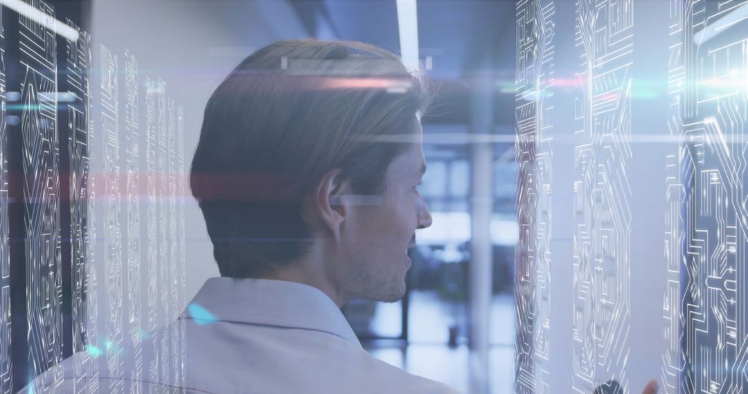 Engineer Analyzing Holographic Data in Server Room