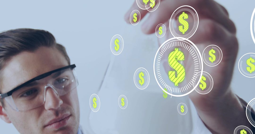 Scientist Inspecting Flask with Holographic Dollar Display Representing Research Investment