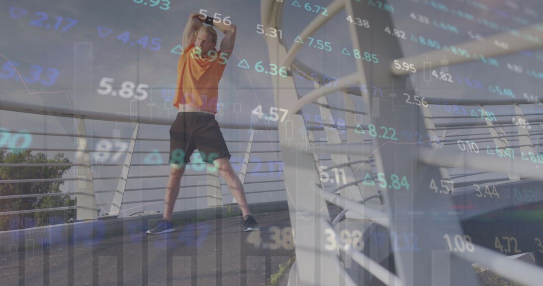Man Stretching with Financial Data Overlaid Conveying Stock Market and Fitness