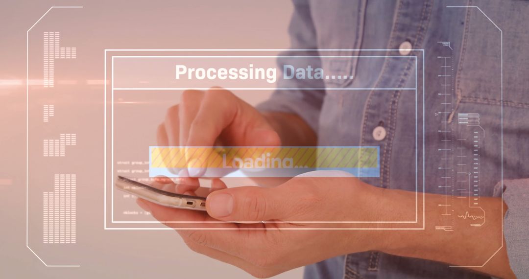 Data Processing Overlay on Young Man Using Smartphone