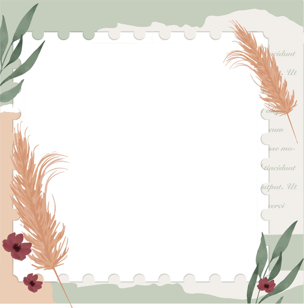 Decorative Square Frame with Nature Motif on Transparent Background