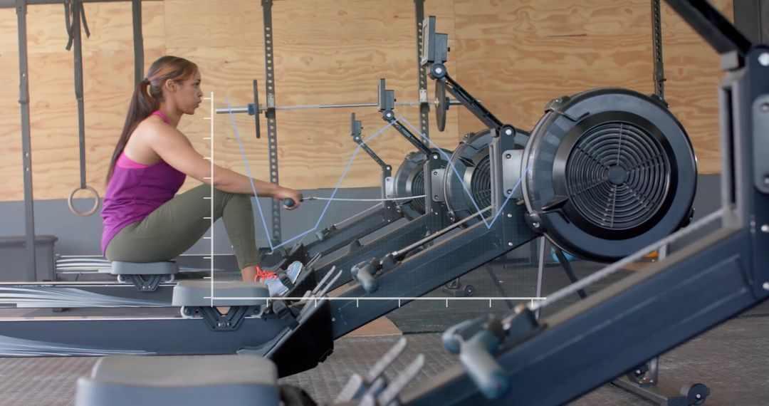 Woman Exercising at Gym with Futuristic Interface Overlay