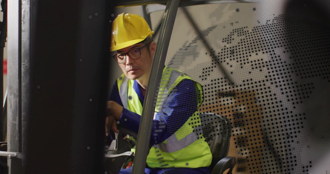 Determined Forklift Operator Navigating Industrial Warehouse