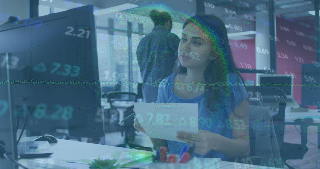 Woman Analyzing Stock Market Data in Modern Office Environment