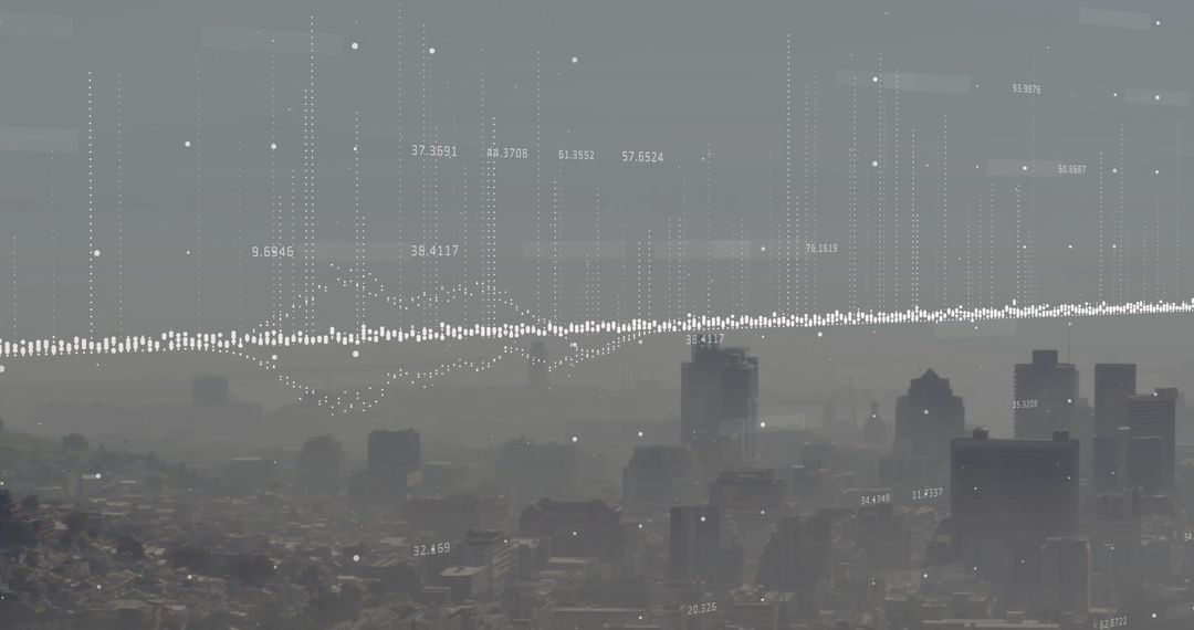 Digital Data Waves Superimposed on Hazy Urban Skyline