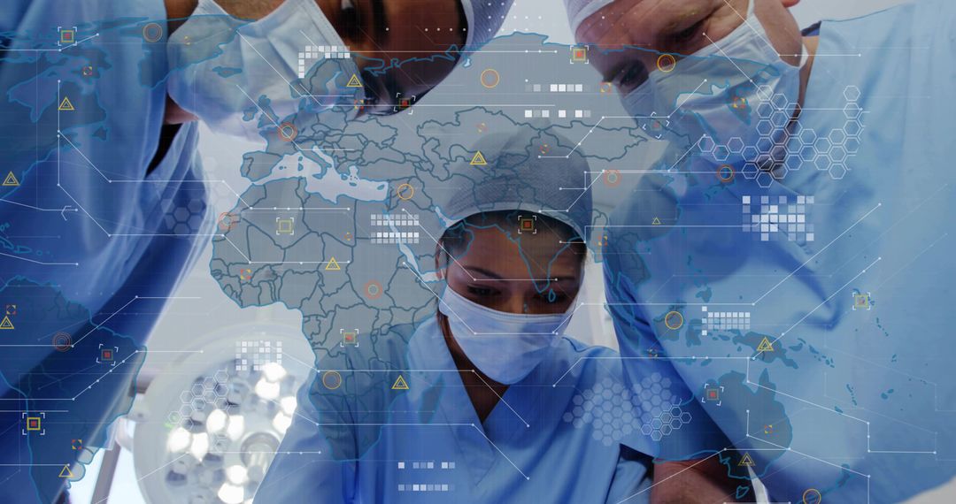 Surgical Team Collaborating Under Operating Light with Global Data Overlay of Medical Networks