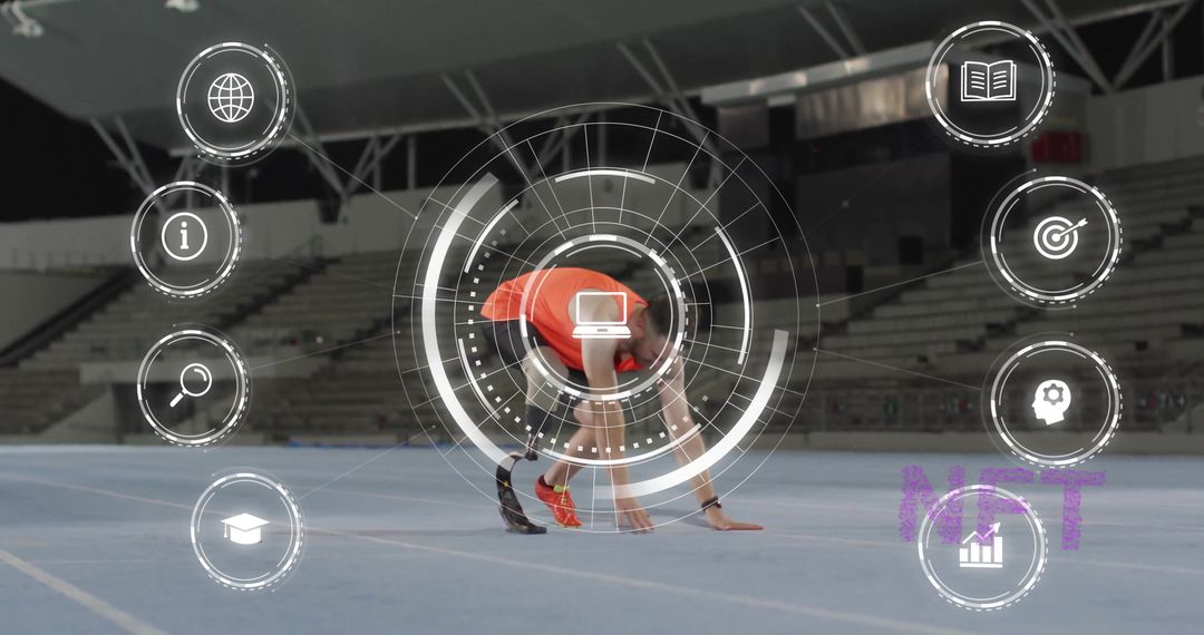 Athlete Preparing for Sprint Featuring Futuristic HUD Graphics