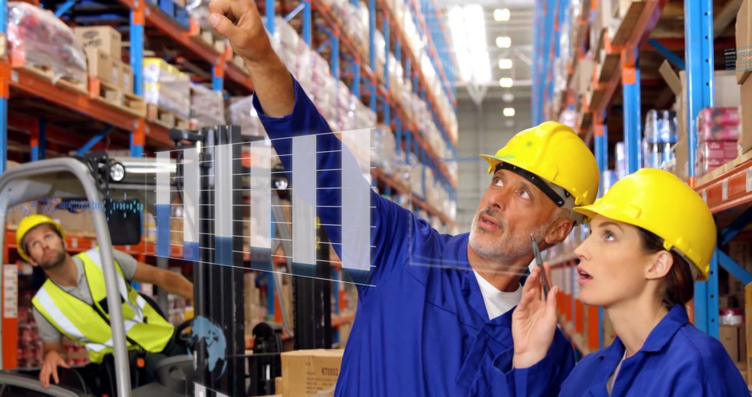 Industrial Team Analyzing Data in Warehouse with Chart Overlay