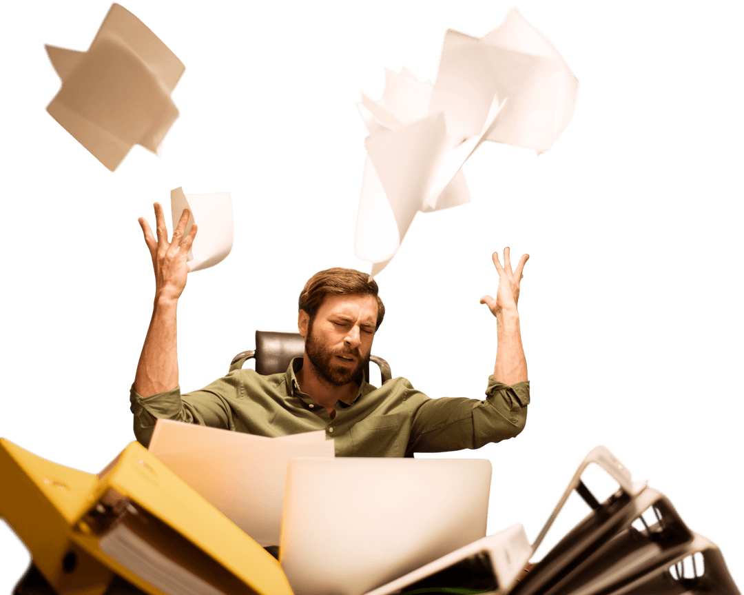 Frustrated Businessman Throwing Papers in Transparent Office Setting