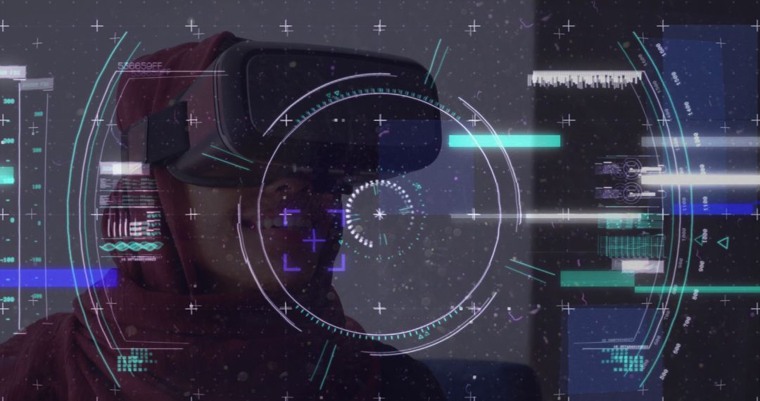 Woman in Hijab Using VR Headset with Augmented Reality Interface