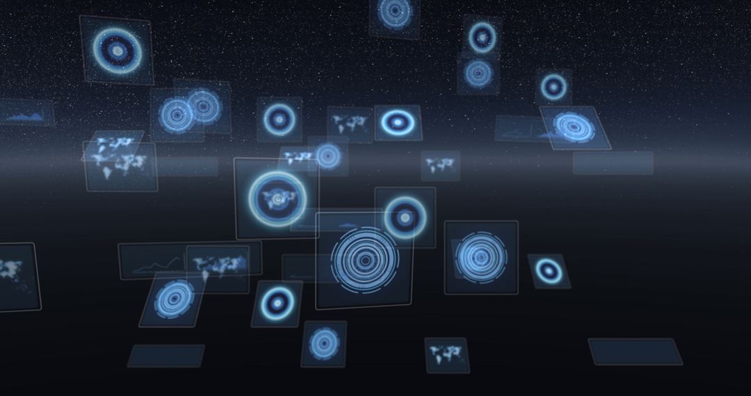 Digital Interface with Data Points Over Glowing Horizon